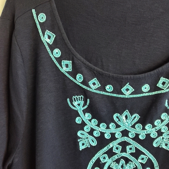 New Talbots Embellished Top cotton beaded navy blue turquoise tunic coastal 3X - Picture 6 of 16